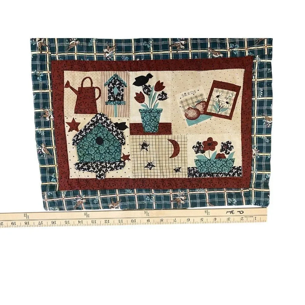 Set Of 3 Quilted Table Placemats With Country Birdhouse Design & Plaid Backing